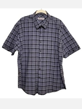 James Campbell Short Sleeve Dress Shirt Classic Button Down Blue & White Size XL